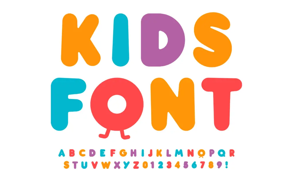 Textual display of "Kids font" included in the kids fonts bundle and the letters written using it.