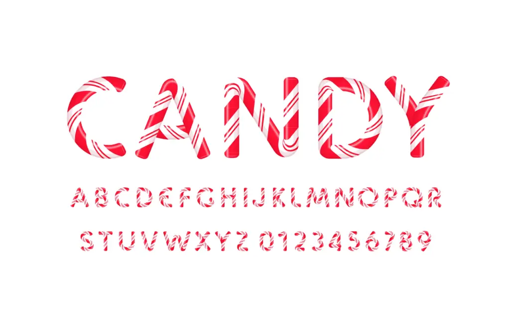 Textual display of "Candy font" included in the kids fonts bundle and the letters written using it.