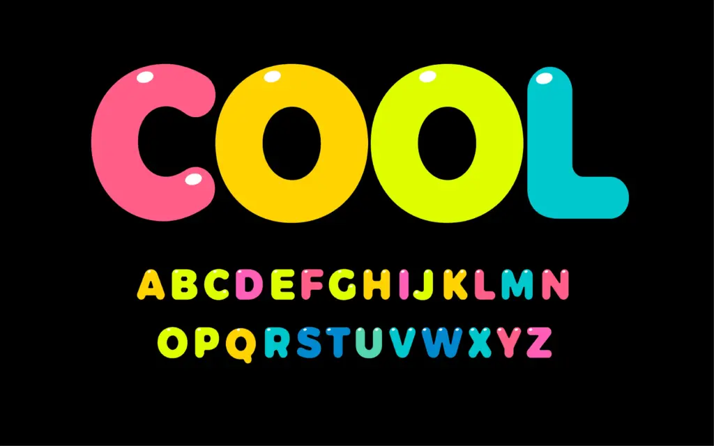 Textual display of "Cool font" included in the kids fonts bundle and the letters written using it.