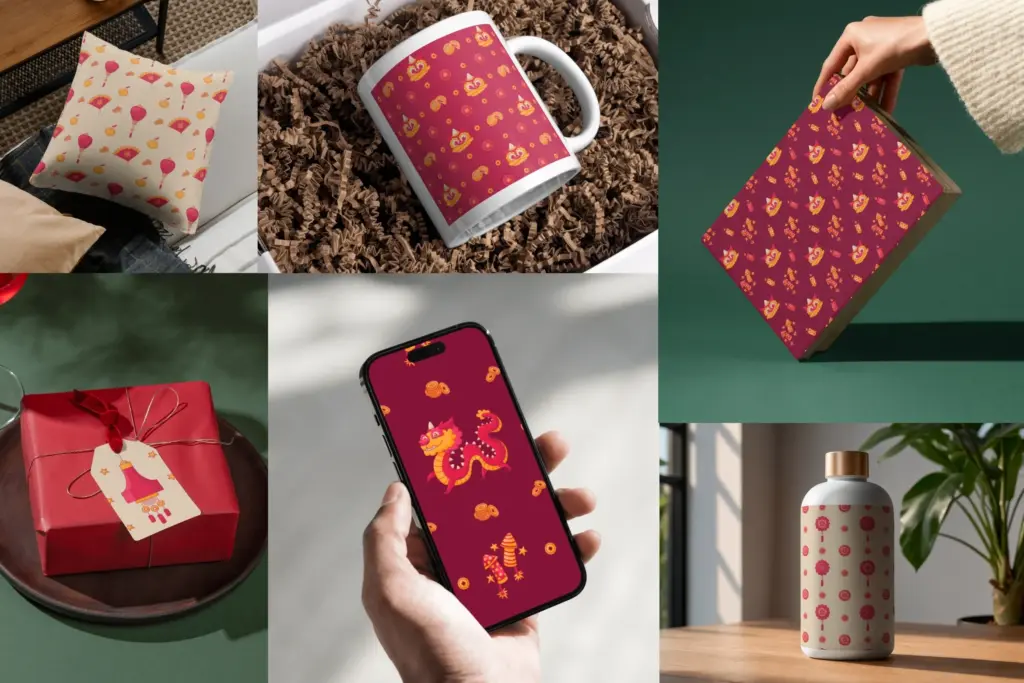 Product mockups showing lunar new year patterns used to design a pillow, mug, gift box, and smartphone.