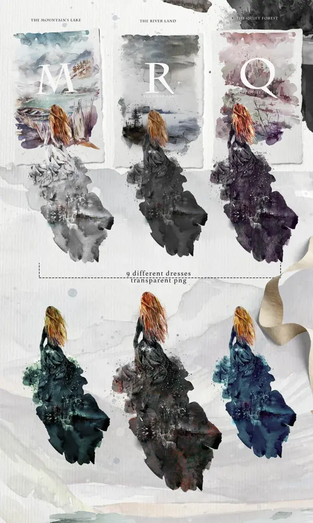 Ladies in nature‑inspired dresses that are featured Whimsical watercolor illustrations bundle