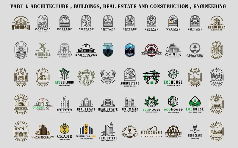 Compilation of logos for cottages, barns, eco-buildings, real estate, and construction cranes in the industrial logos bundle