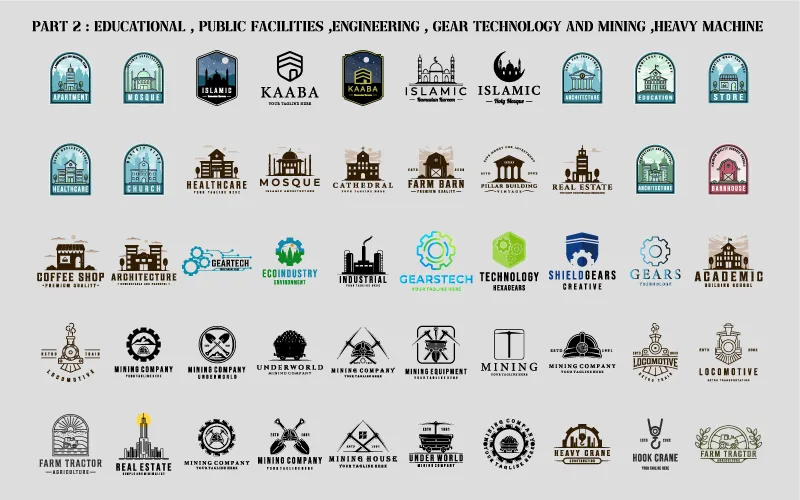 collage of logos for education, public facilities, gear technology, mining included in industrial logos bundle