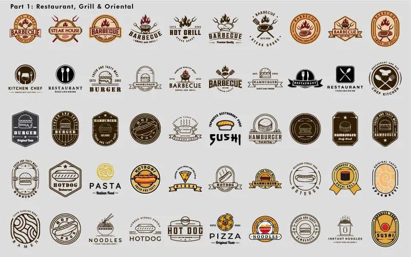 Restaurant and grill themed logo set included in Premium food & beverages bundle