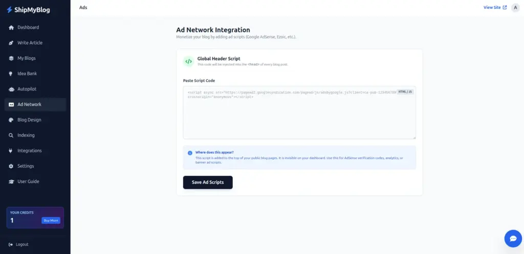 Ad Network Integration In ShipMyBlog AI SEO Blog Writer
