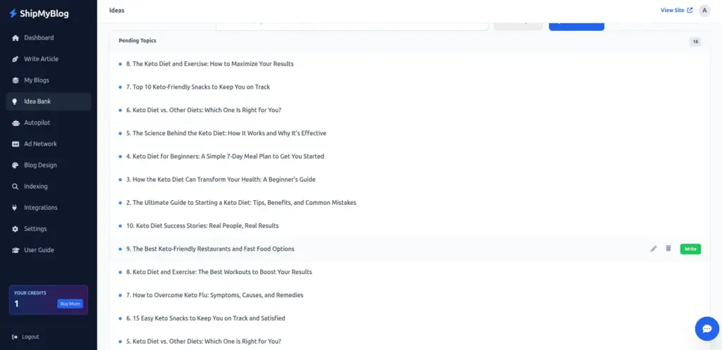 Blog Idea Bank In ShipMyBlog AI SEO Blog Writer