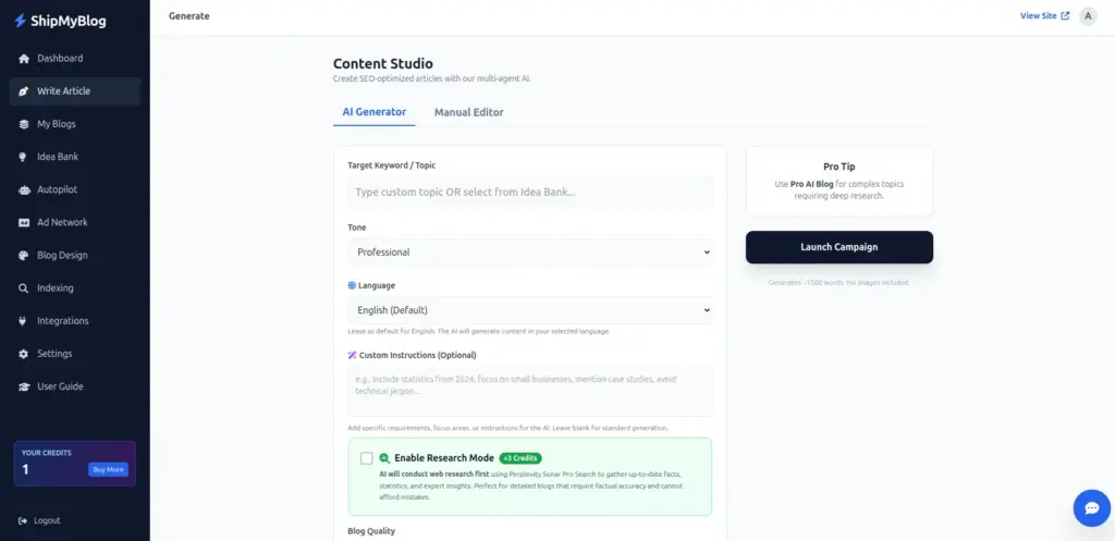 ShipMyBlog Content Studio