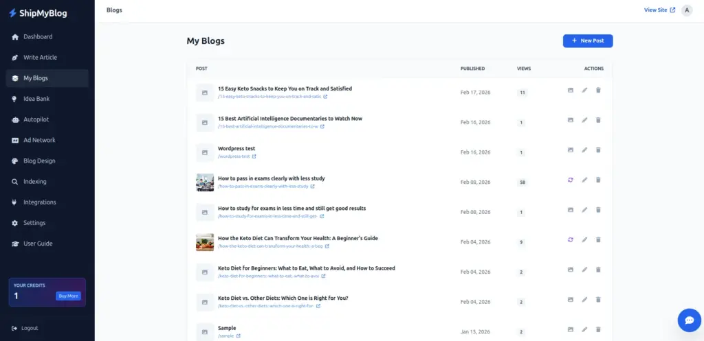 My Blogs Page In ShipMyBlog AI SEO Blog Writer