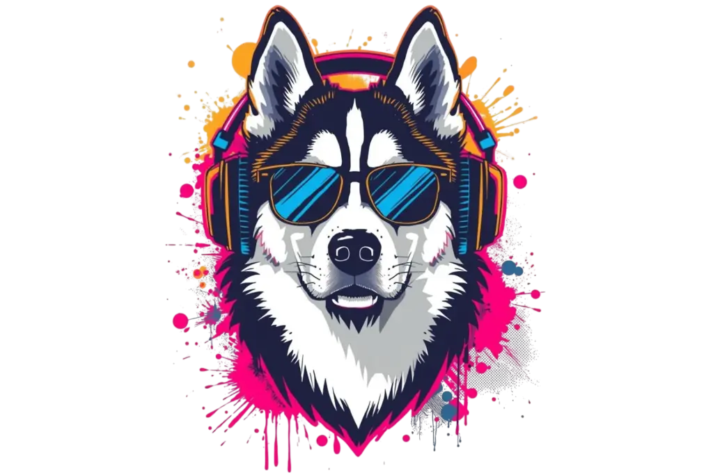 A smiling Siberian Husky with its tongue out, wearing teal-striped sunglasses and headphones, created using the Midjourney prompts.