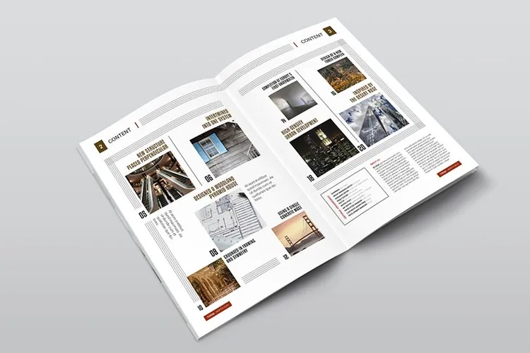 Grid-based table of contents design from an architecture-style Editorial Magazine Templates pack.