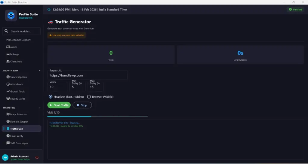 Traffic Generator Included In PROFIN SUITE Management Software