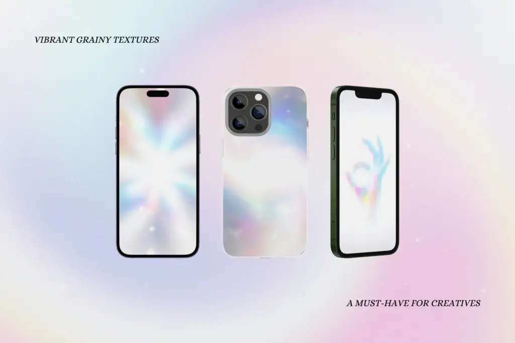Smartphones displaying vibrant grainy pastel textures on screens and back cover – from the light gradient backgrounds Bundle.