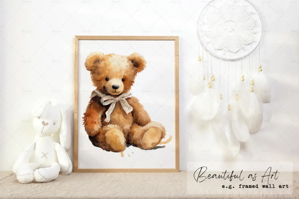 A framed art print of a vintage watercolor teddy bear clipart displayed on a nursery shelf.