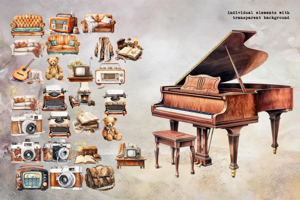 A large wooden grand piano watercolor clipart shown with a grid of smaller vintage furniture and tech icons.