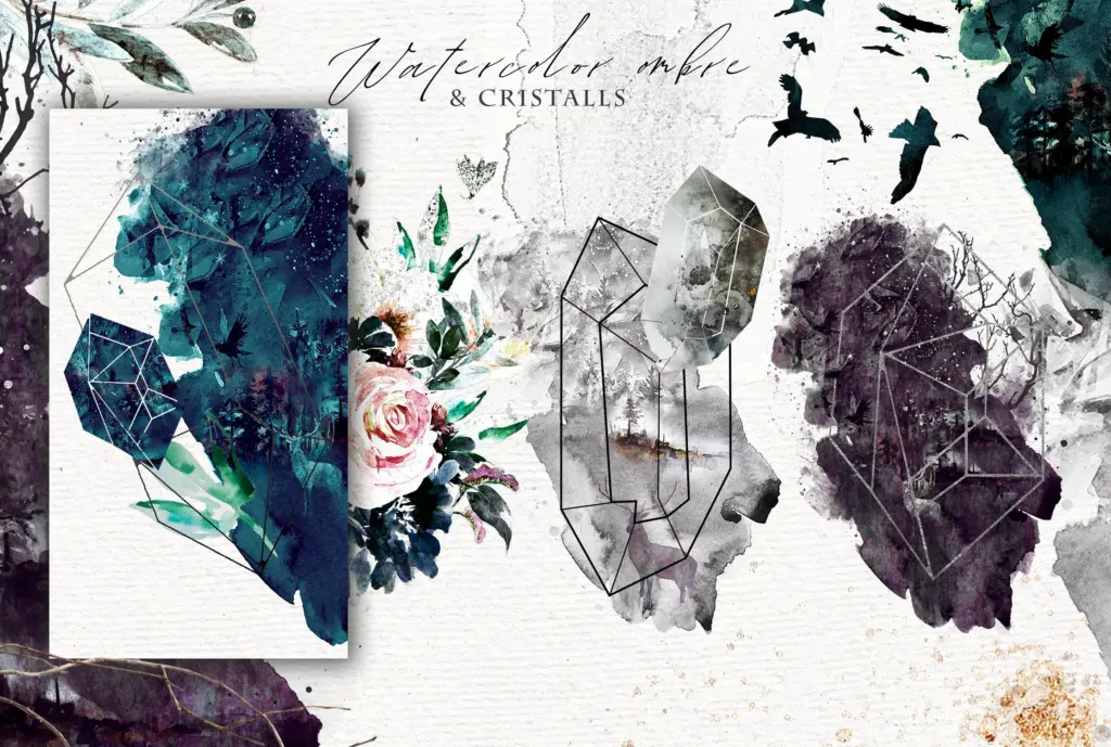 watercolor ombre and crystal motifs featured in the Whimsical watercolor illustrations bundle