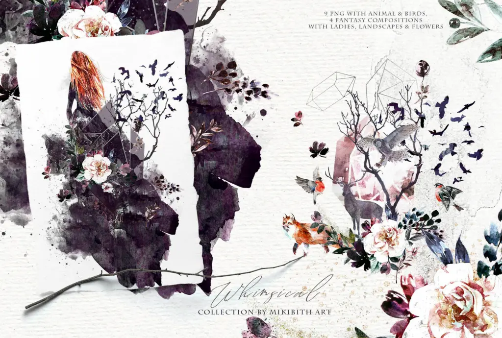 Whimsical watercolor illustrations bundle blending ladies, animals, and fantasy landscapes.