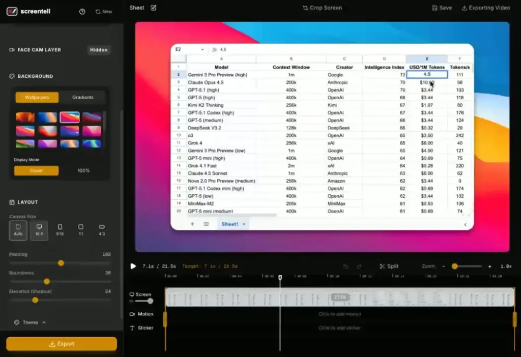 Screen Layout of Screentell