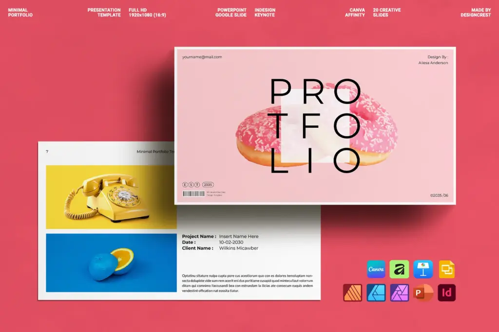 Modern portfolio cover with pink donut and bold typography in Portfolio Presentation Template