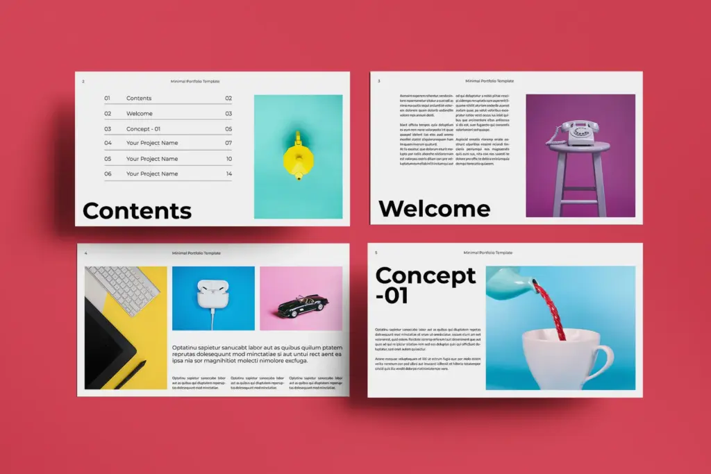 Four-slide portfolio presentation template layout with welcome, concept, & product images.
