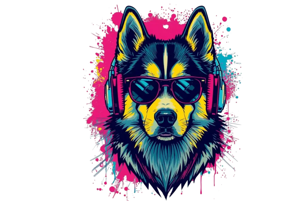 A serious Husky illustration in a tri-color palette (yellow, blue, and pink) wearing dark sunglasses and headphones, created using the Midjourney prompts.