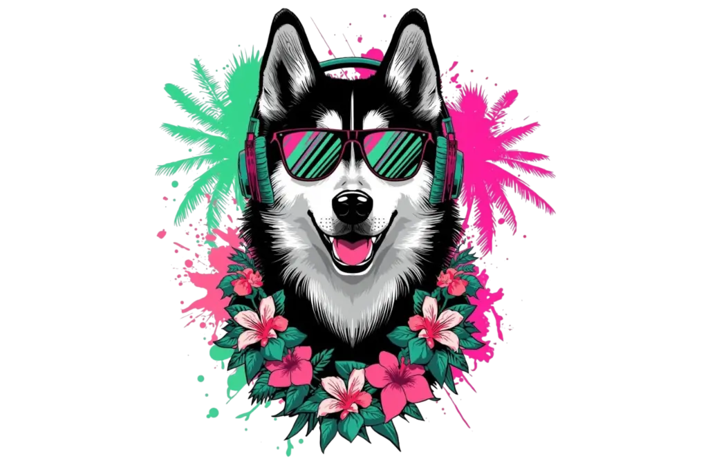 A smiling Siberian Husky with its tongue out, wearing teal-striped sunglasses and headphones, created using the Midjourney prompts.