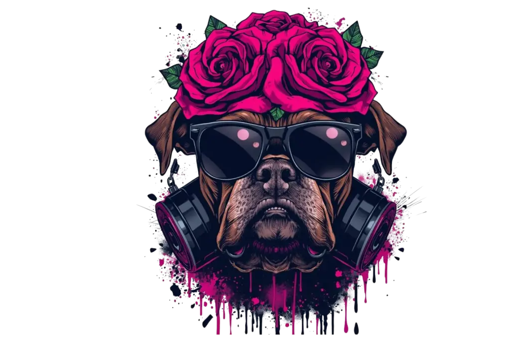 A stern Boxer wearing dark sunglasses and a rose-covered crown, created using the Midjourney prompts.