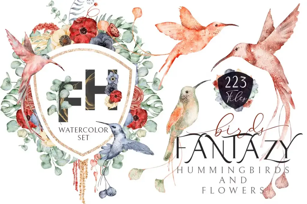 Hummingbirds and flowers clipart of 3800+ Watercolor Pictures Bundle