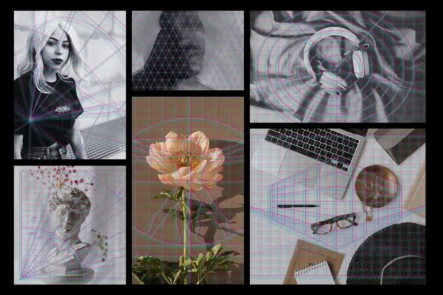 Collage with geometric overlays used on visuals of Glitch Grid Y2K Backgrounds Bundle