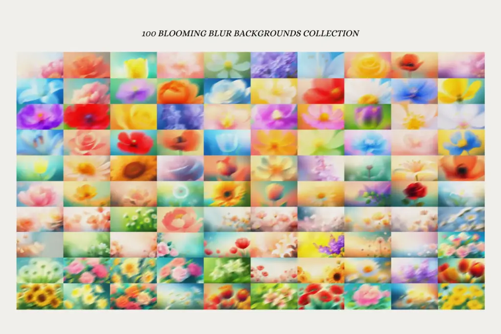 A collection of 100 blooming floral Gradient Grainy Textures in a grid layout.