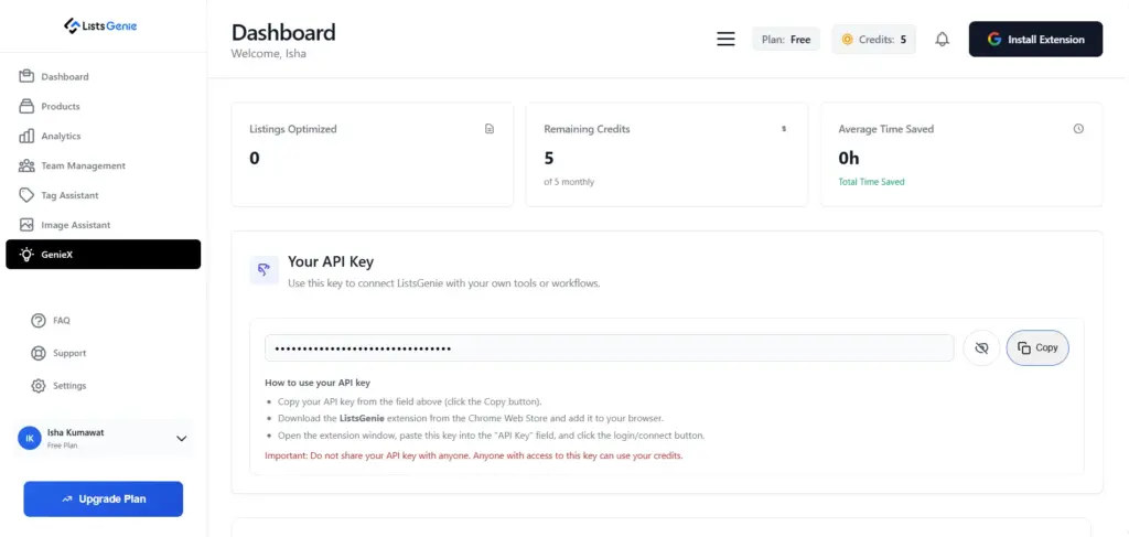 ListsGenie Dashboard, Etsy SEO Tool