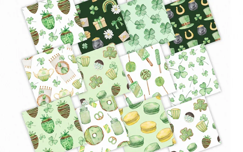 St Patricks Day patterns bundle showing assorted green tea, sweets, and lucky clover designs.
