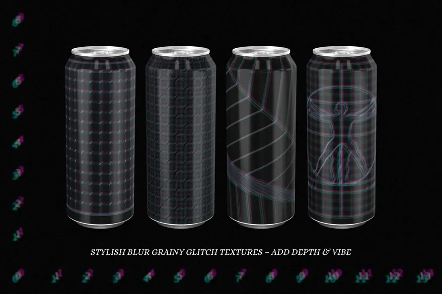 Glitch-textured beverage cans with Glitch Grid Y2K Backgrounds