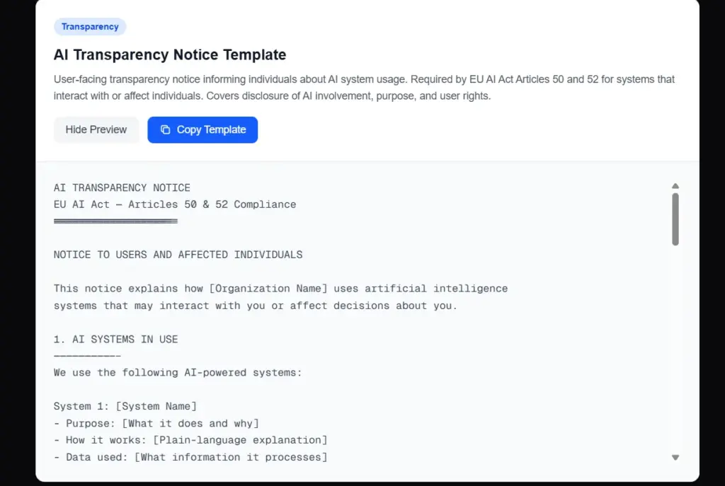 AI Transparency Templates in CompliPilot EU AI Act Compliance Tool