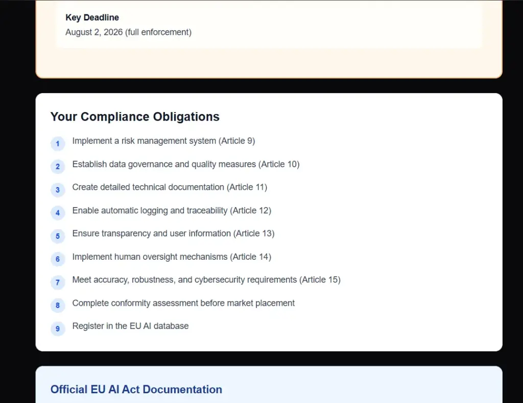Compliance Guidelines Report generated by CompliPilot EU AI Act Compliance Tool