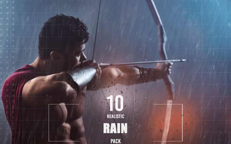 Muscular spartan in red cloak shooting from bow - rain effects