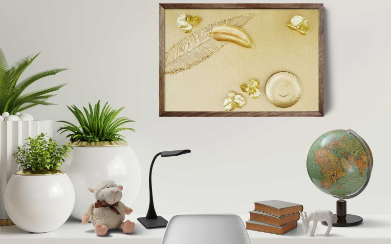 table PSD mockup with generic stuff kept on it like books and a lamp and teddy bear